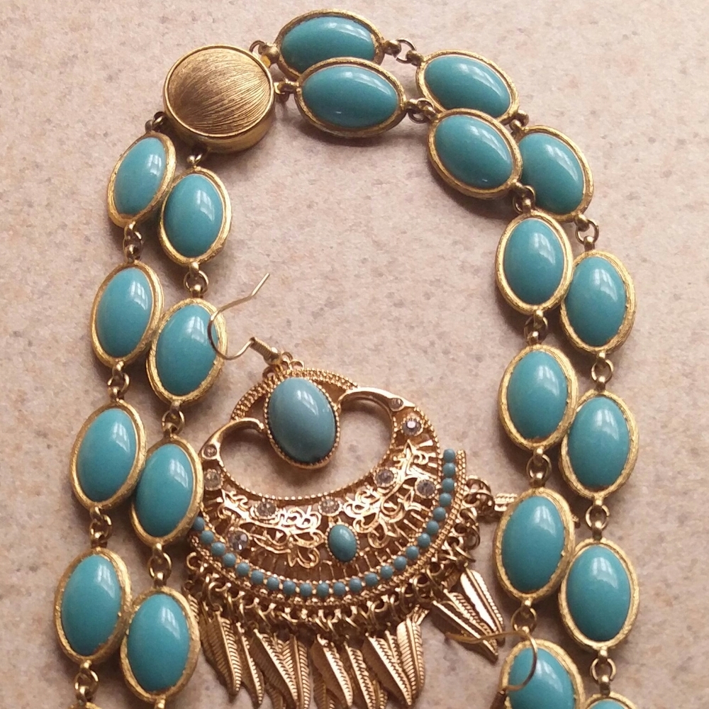 3 piece set, Earring necklace bracelet gold and turquoise - Picture 2 of 5